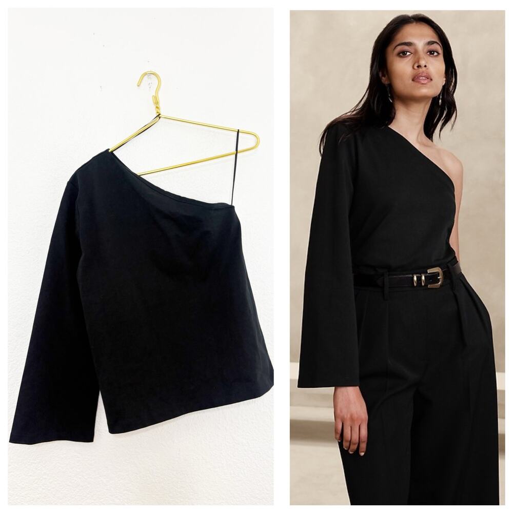 NWT Banana Republic BR Galena One-Shoulder Top Size MP Black Chic Quiet Luxury